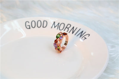 Shiny rose gold-tone necklace, earrings, and ring set with multi-colored teardrop and round zircon stones. Ring size 9. - Image 12