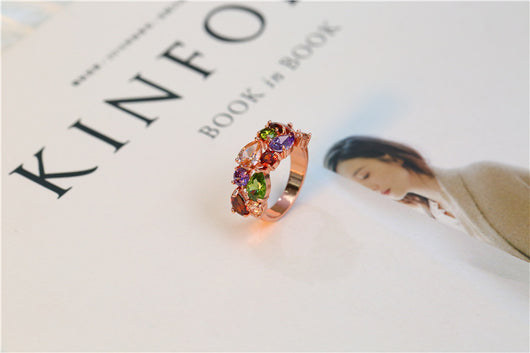 Shiny rose gold-tone necklace, earrings, and ring set with multi-colored teardrop and round zircon stones. Ring size 9. - Image 14
