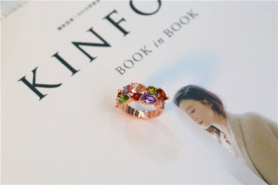 Shiny rose gold-tone necklace, earrings, and ring set with multi-colored teardrop and round zircon stones. Ring size 9. - Image 15