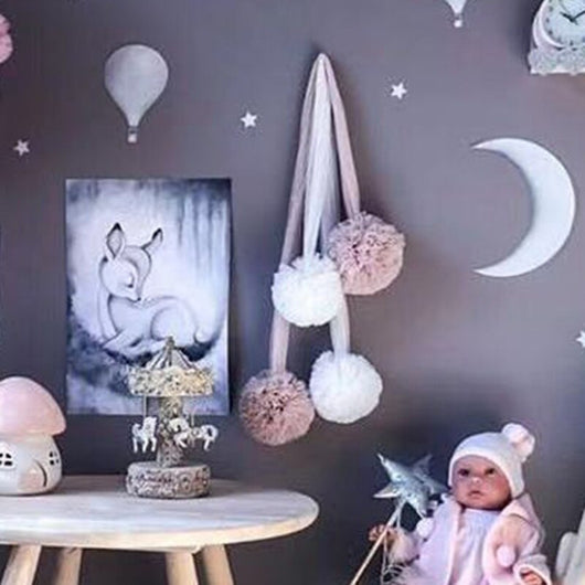 Pink, white, and purple yarn ball pendant party decoration with a fabric tie, ideal for children's rooms. - Image 9