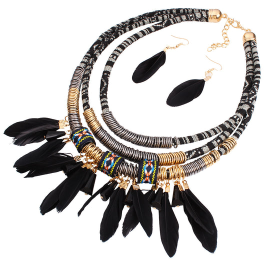 Conjunto de Collar y Aretes con Borlas de Pluma - Image 9