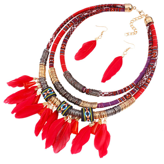 Conjunto de Collar y Aretes con Borlas de Pluma - Image 10