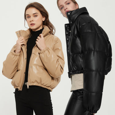 Parka Corta Gruesa para Mujer - Elegante Abrigo de Invierno en Negro PU - Image 11