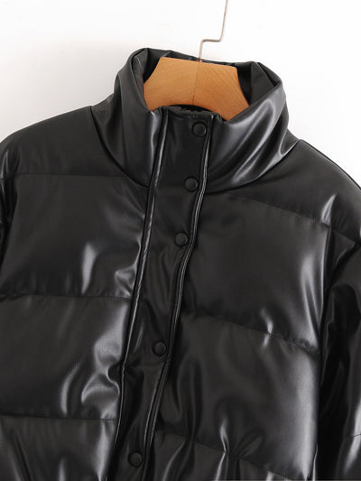 Parka Corta Gruesa para Mujer - Elegante Abrigo de Invierno en Negro PU - Image 21