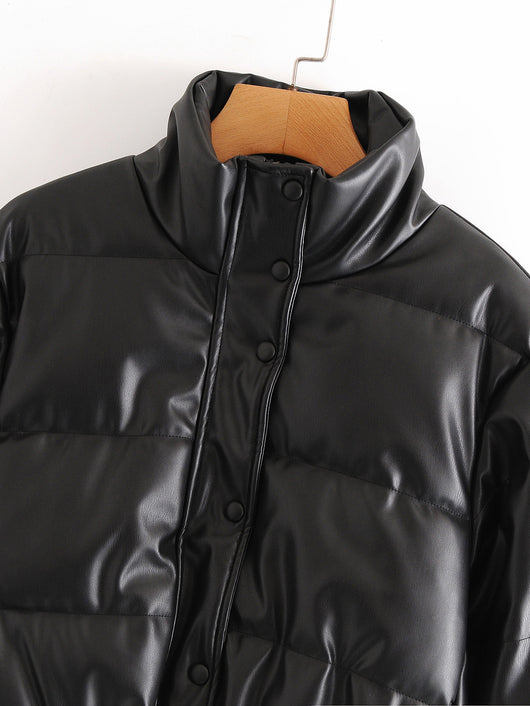 Parka Corta Gruesa para Mujer - Elegante Abrigo de Invierno en Negro PU - Image 21