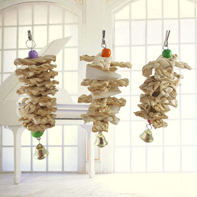 Natural grass bird toy with a woven cylindrical body, purple and green beads, a golden bell, and a metal hook. - Image 7
