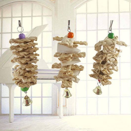 Natural grass bird toy with a woven cylindrical body, purple and green beads, a golden bell, and a metal hook. - Image 7