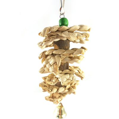 Natural grass bird toy with a woven cylindrical body, purple and green beads, a golden bell, and a metal hook. - Image 8