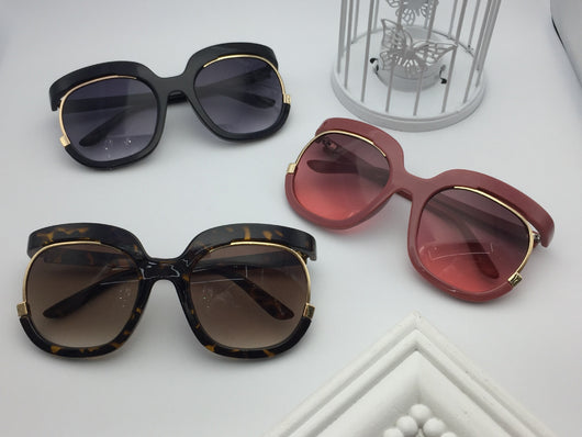 Black cat-eye half-frame sunglasses with gold accents and purple-grey gradient lenses, shown from front and side. - Image 6