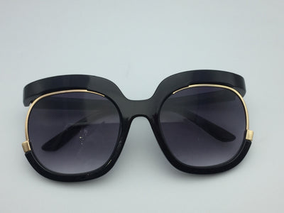 Black cat-eye half-frame sunglasses with gold accents and purple-grey gradient lenses, shown from front and side. - Image 9