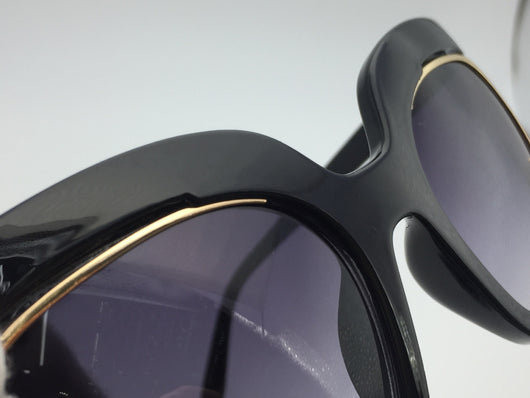 Black cat-eye half-frame sunglasses with gold accents and purple-grey gradient lenses, shown from front and side. - Image 11