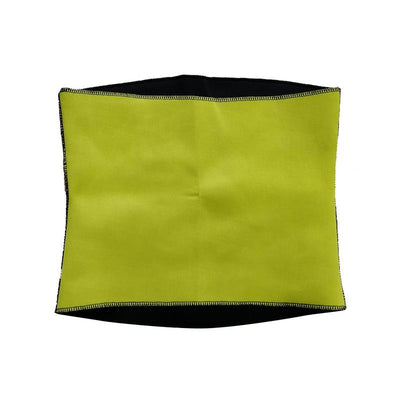 Black and yellow neoprene waist trainer shown on a person's midsection and as a flat garment. - Image 8