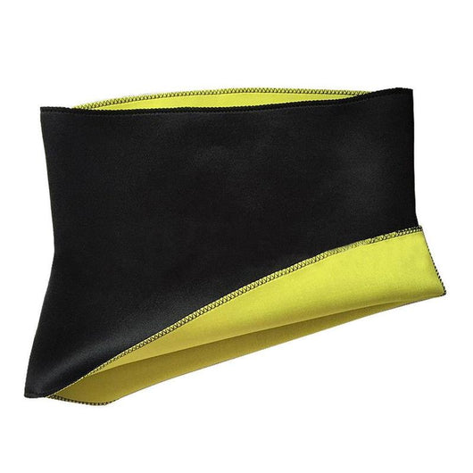 Black and yellow neoprene waist trainer shown on a person's midsection and as a flat garment. - Image 9