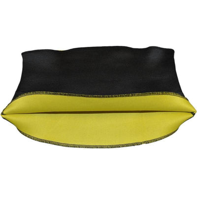 Black and yellow neoprene waist trainer shown on a person's midsection and as a flat garment. - Image 10