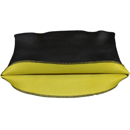 Black and yellow neoprene waist trainer shown on a person's midsection and as a flat garment. - Image 10