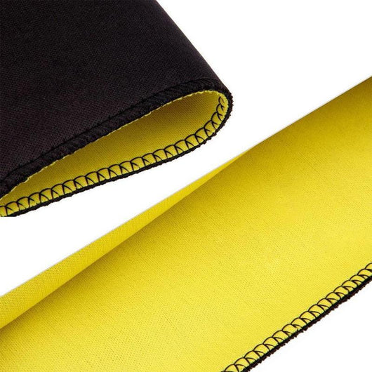 Black and yellow neoprene waist trainer shown on a person's midsection and as a flat garment. - Image 11