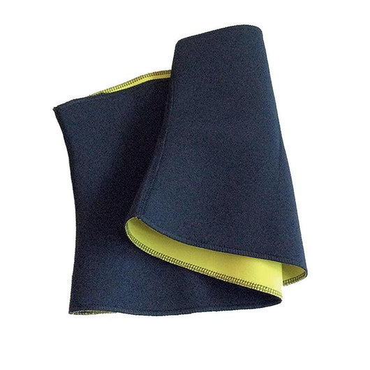 Black and yellow neoprene waist trainer shown on a person's midsection and as a flat garment. - Image 12