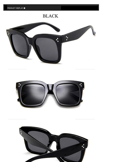 Matte black square-frame sunglasses with dark gray lenses and three white dot accents on each temple. - Image 2