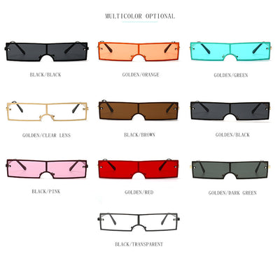 Red rectangular rimless sunglasses with gold-colored metal temples and black ear tips on a white background. - Image 16