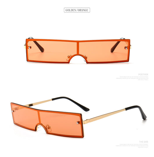 Red rectangular rimless sunglasses with gold-colored metal temples and black ear tips on a white background. - Image 17