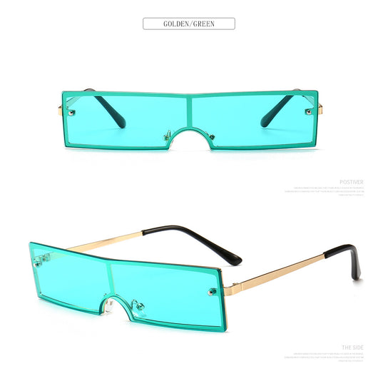 Red rectangular rimless sunglasses with gold-colored metal temples and black ear tips on a white background. - Image 18