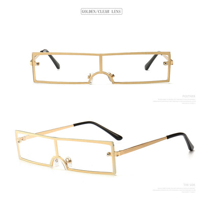 Red rectangular rimless sunglasses with gold-colored metal temples and black ear tips on a white background. - Image 19