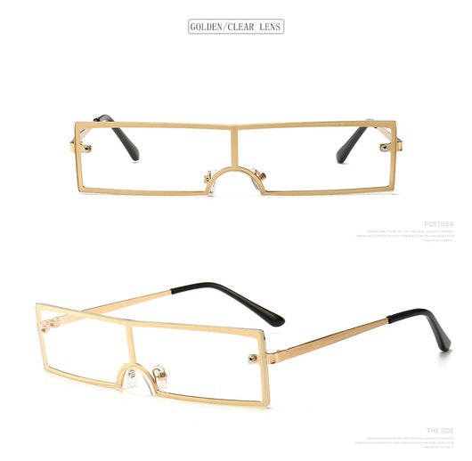 Red rectangular rimless sunglasses with gold-colored metal temples and black ear tips on a white background. - Image 19