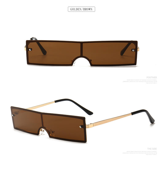 Red rectangular rimless sunglasses with gold-colored metal temples and black ear tips on a white background. - Image 20