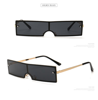 Red rectangular rimless sunglasses with gold-colored metal temples and black ear tips on a white background. - Image 21