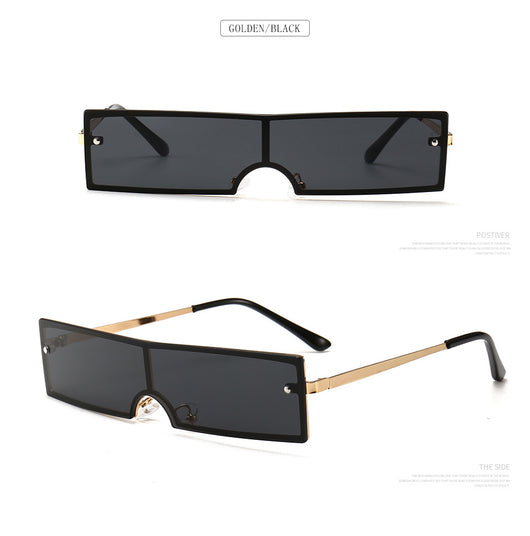 Red rectangular rimless sunglasses with gold-colored metal temples and black ear tips on a white background. - Image 21