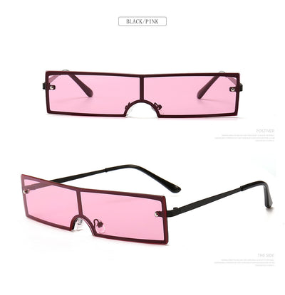 Red rectangular rimless sunglasses with gold-colored metal temples and black ear tips on a white background. - Image 22