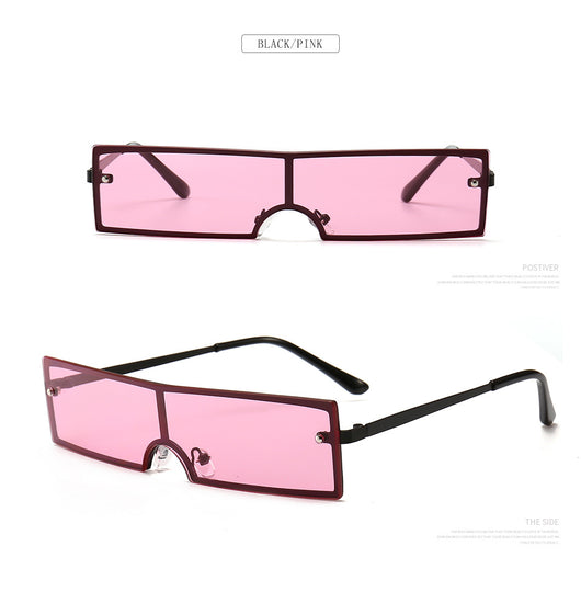 Red rectangular rimless sunglasses with gold-colored metal temples and black ear tips on a white background. - Image 22