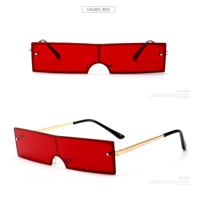Red rectangular rimless sunglasses with gold-colored metal temples and black ear tips on a white background. - Image 23