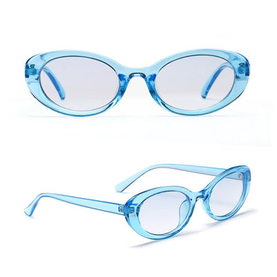 Translucent blue small frame oval sunglasses with light blue lenses on a white background. - Image 9