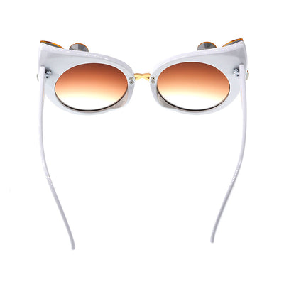 White cat-eye sunglasses with brown gradient lenses, adorned with clear and amber rhinestone flowers and bees. - Image 12
