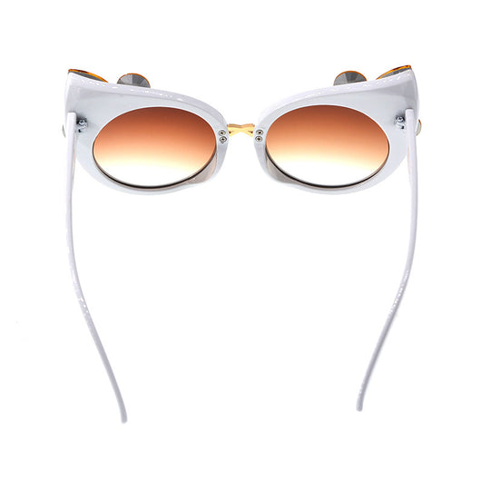White cat-eye sunglasses with brown gradient lenses, adorned with clear and amber rhinestone flowers and bees. - Image 12