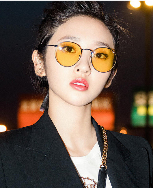 Round frame vintage sunglasses with silver metal frames and dark gray lenses on a white background. - Image 29