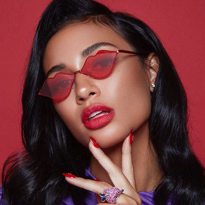 Retro red lips sunglasses with gold metal frames and brown gradient lenses on a white background. - Image 8