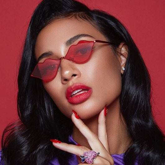 Retro red lips sunglasses with gold metal frames and brown gradient lenses on a white background. - Image 8
