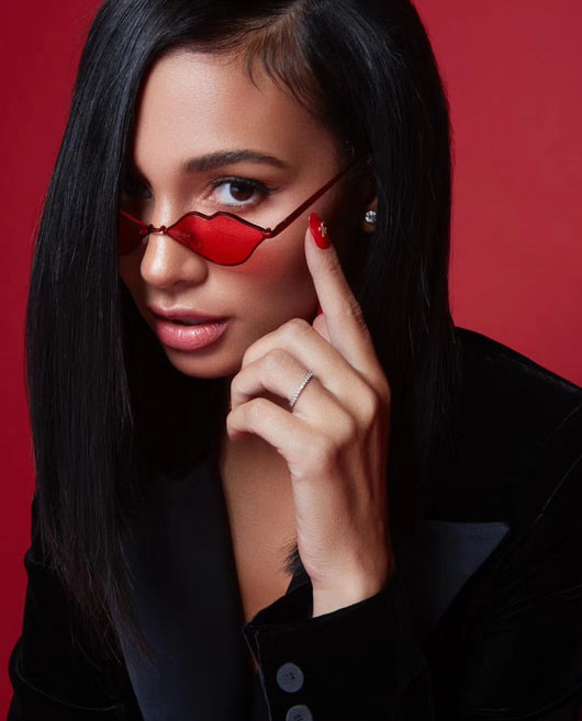 Retro red lips sunglasses with gold metal frames and brown gradient lenses on a white background. - Image 9