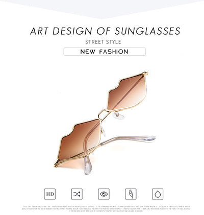 Retro red lips sunglasses with gold metal frames and brown gradient lenses on a white background. - Image 12