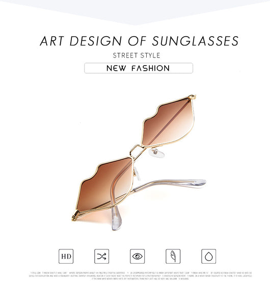 Retro red lips sunglasses with gold metal frames and brown gradient lenses on a white background. - Image 12