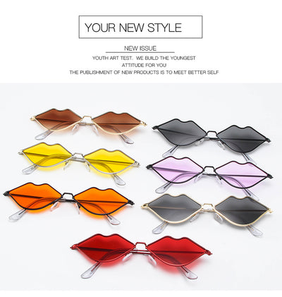 Retro red lips sunglasses with gold metal frames and brown gradient lenses on a white background. - Image 13