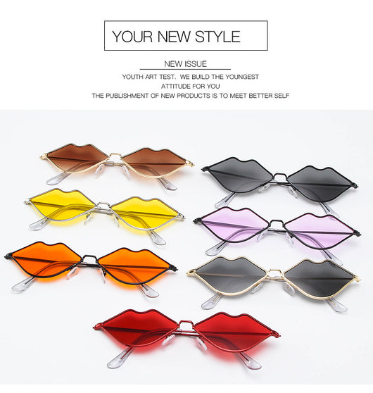 Retro red lips sunglasses with gold metal frames and brown gradient lenses on a white background. - Image 13