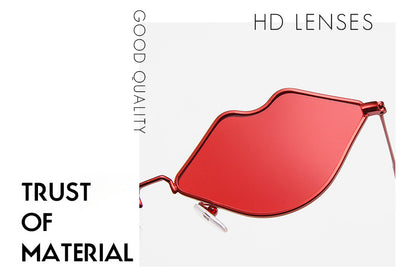 Retro red lips sunglasses with gold metal frames and brown gradient lenses on a white background. - Image 14