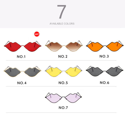 Retro red lips sunglasses with gold metal frames and brown gradient lenses on a white background. - Image 16