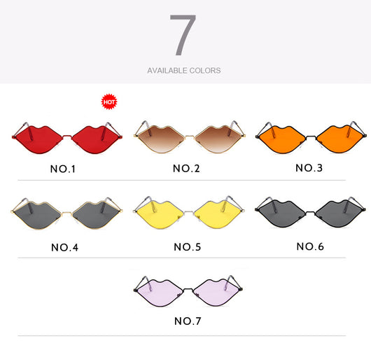 Retro red lips sunglasses with gold metal frames and brown gradient lenses on a white background. - Image 16