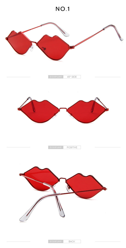 Retro red lips sunglasses with gold metal frames and brown gradient lenses on a white background. - Image 18