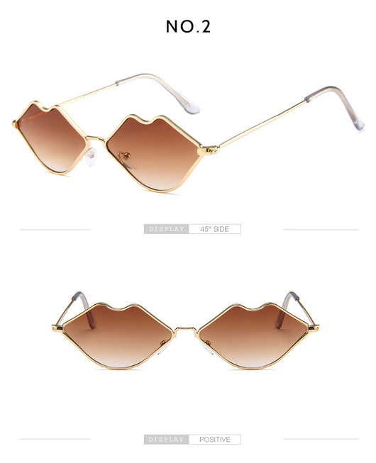 Retro red lips sunglasses with gold metal frames and brown gradient lenses on a white background. - Image 19
