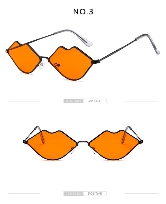 Retro red lips sunglasses with gold metal frames and brown gradient lenses on a white background. - Image 20